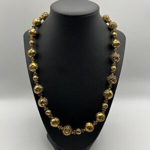 Vintage 1940s Gold Tone Textured Rose Bud Ball Bead Necklace 21" Floral MCM